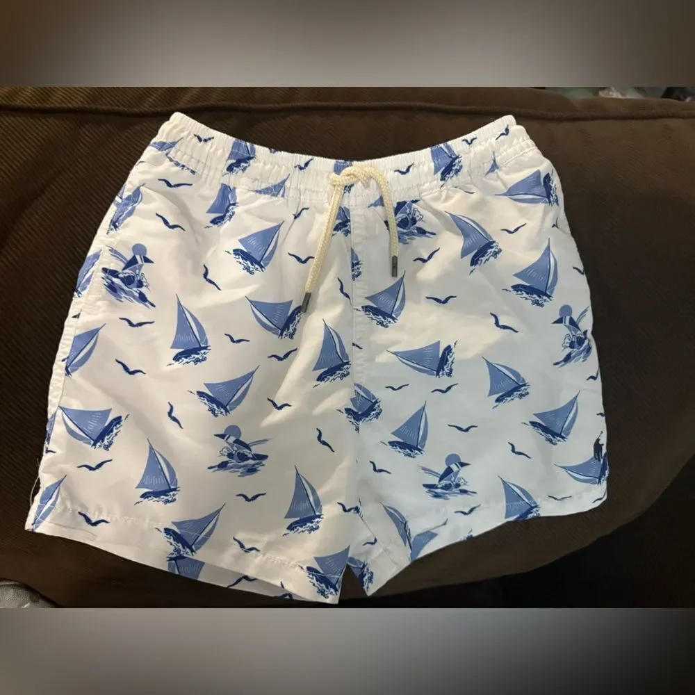 POLO RALPH LAUREN Traveler Polo Bear Swim Trunk Boys Size 7 Blue White